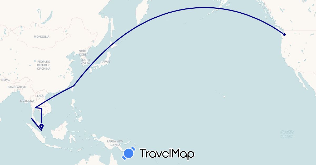 TravelMap itinerary: driving in Cambodia, Malaysia, Singapore, Thailand, Taiwan, United States (Asia, North America)